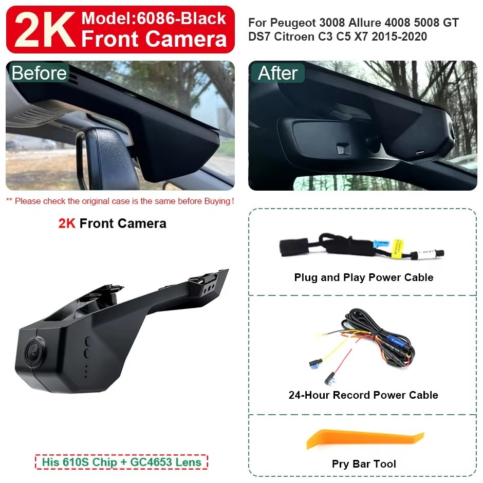 Plug and Play Hidden 4K Dash Cam Car DVR Front Rear Camera For Peugeot 3008 Allure 4008 5008 GT DS7 Citroen C3 C5 X7 2015-2020