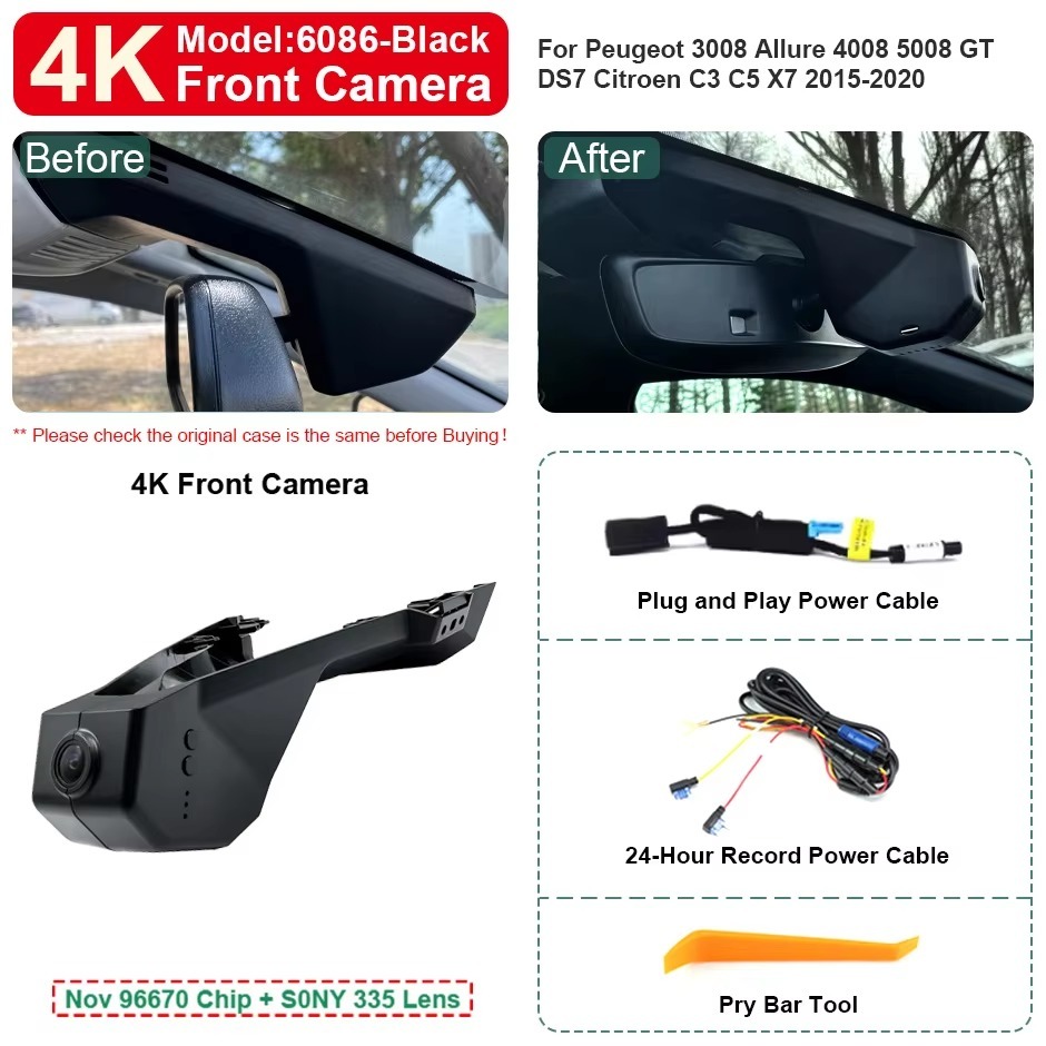 Plug and Play Hidden 4K Dash Cam Car DVR Front Rear Camera For Peugeot 3008 Allure 4008 5008 GT DS7 Citroen C3 C5 X7 2015-2020