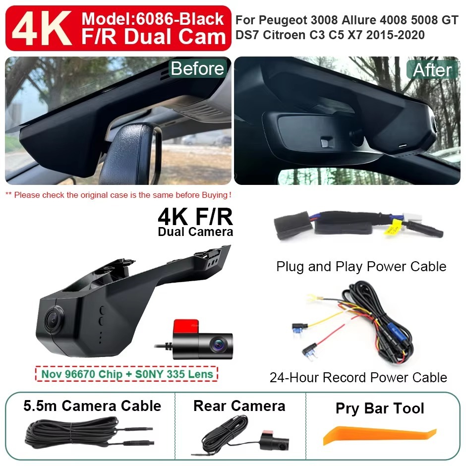 Plug and Play Hidden 4K Dash Cam Car DVR Front Rear Camera For Peugeot 3008 Allure 4008 5008 GT DS7 Citroen C3 C5 X7 2015-2020