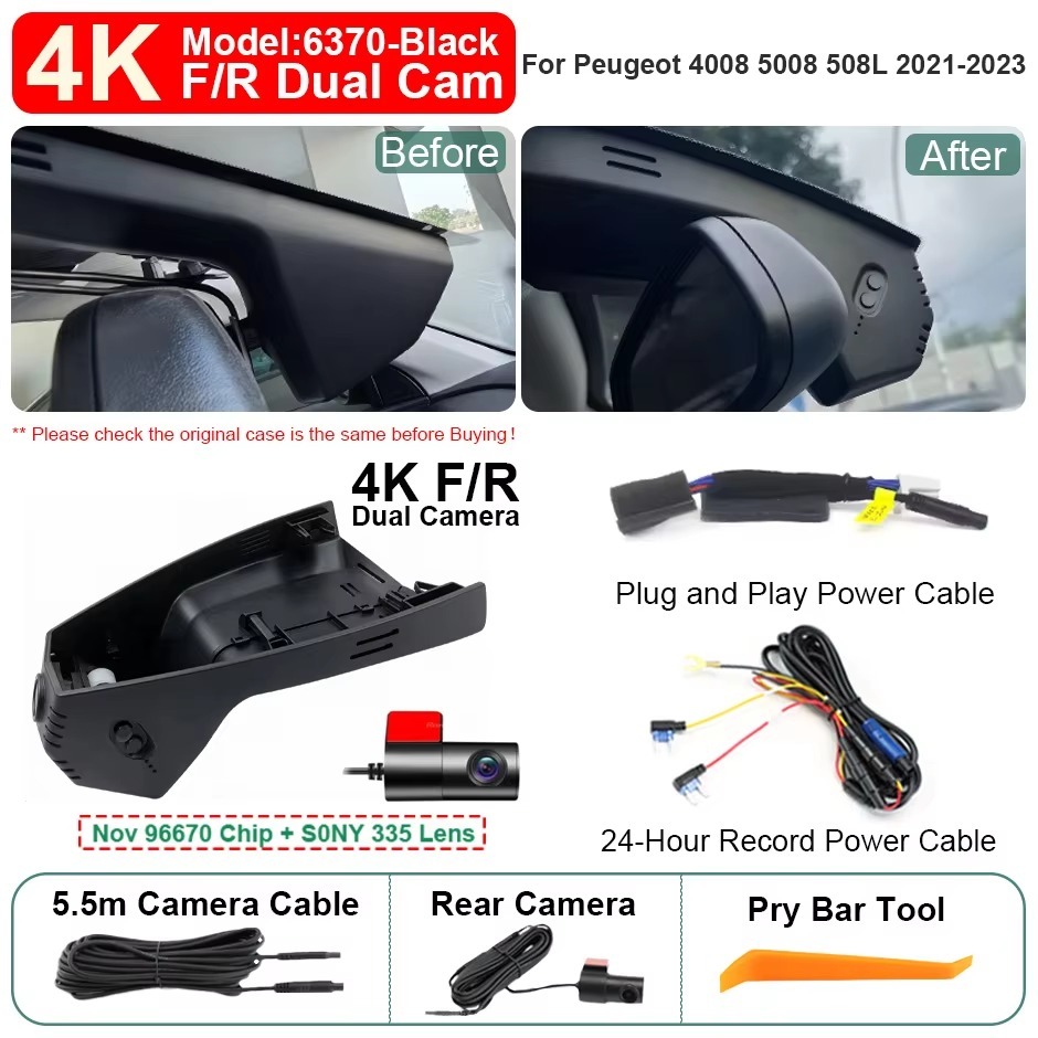 Plug and Play Hidden 4K WiFi APP Dash Cam Car DVR Front Rear Camera For Peugeot 4008 5008 508L Easy Install