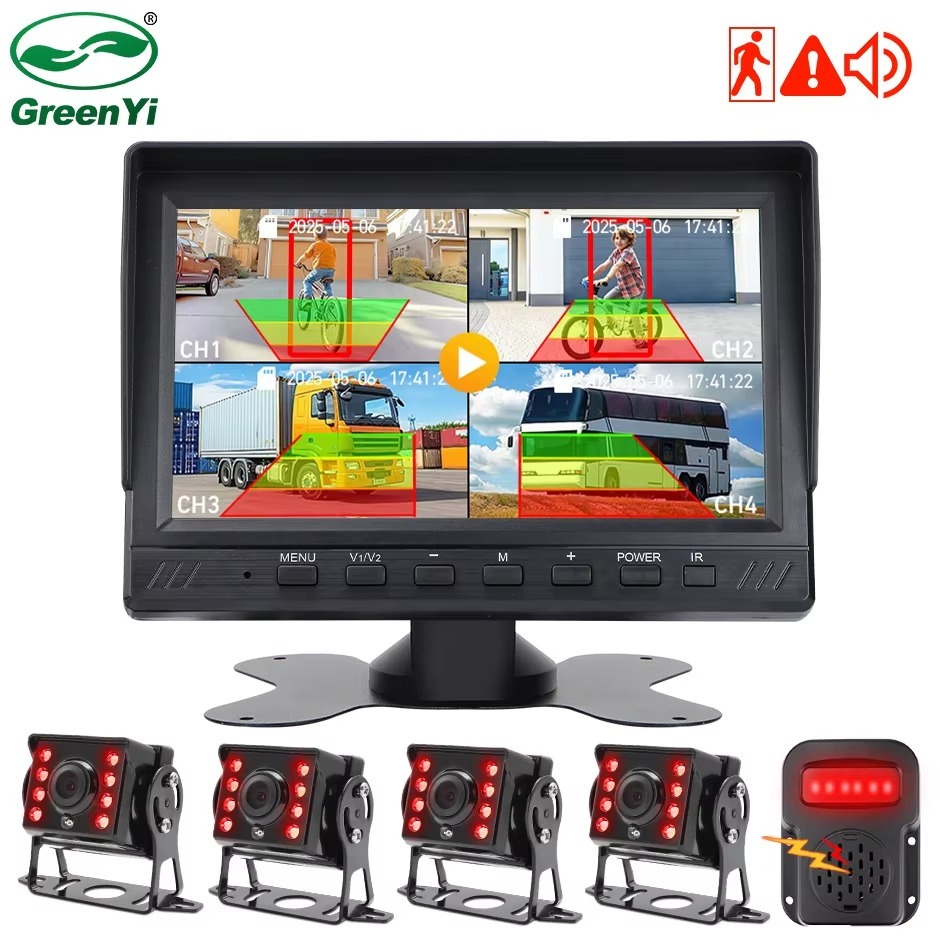 AI Smart Blind Spot Radar Alarm 7'' Car Monitor AHD 4CH Split Screen DVR Recorder For Truck Bus RV Vans SUV Trailer IR Camera