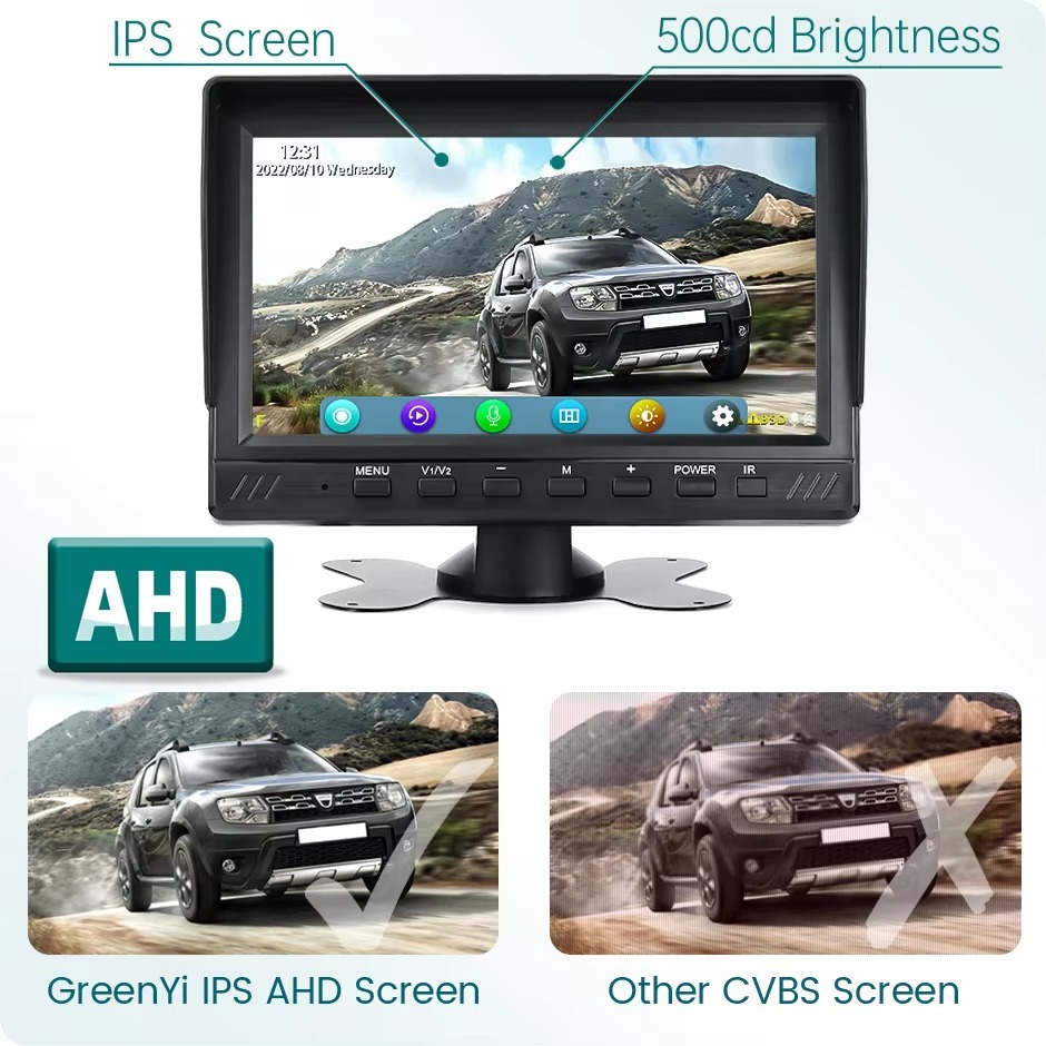 AI Smart Blind Spot Radar Alarm 7'' Car Monitor AHD 4CH Split Screen DVR Recorder For Truck Bus RV Vans SUV Trailer IR Camera