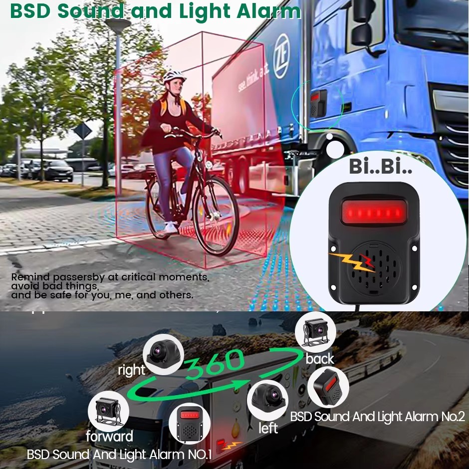AI Smart Blind Spot Radar Alarm 7'' Car Monitor AHD 4CH Split Screen DVR Recorder For Truck Bus RV Vans SUV Trailer IR Camera