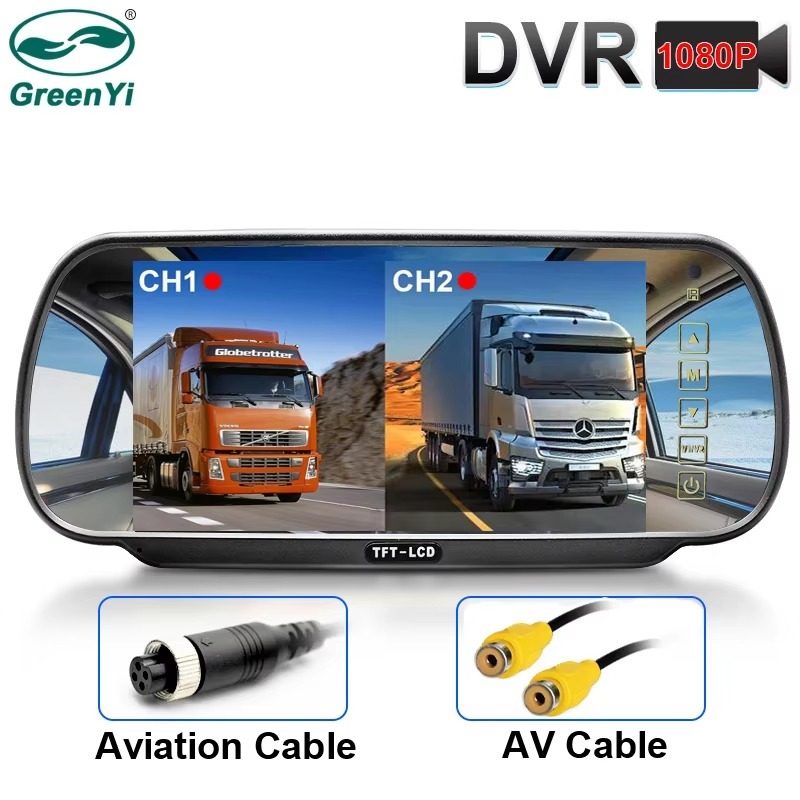 1080P 7 Inch AHD Car Rear Mirror DVR Monitor IPS Touch Keys Support Front Rear Camera 2 Channels Video Recording