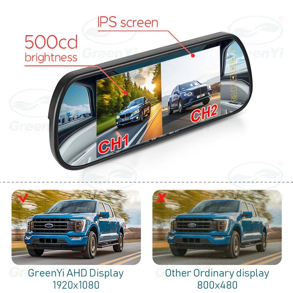 1080P 7 Inch AHD Car Rear Mirror DVR Monitor IPS Touch Keys Support Front Rear Camera 2 Channels Video Recording
