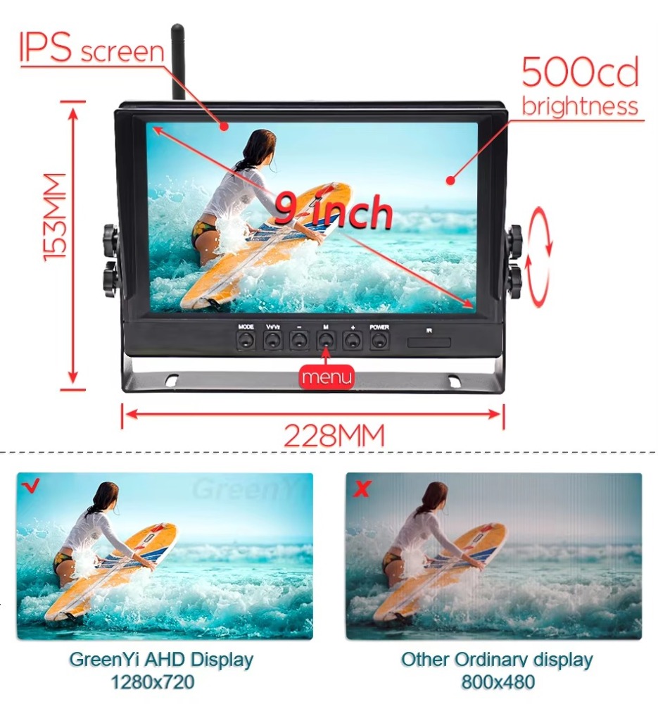 GreenYi 9 inches Digital Wireless Backup 4ch AHD Monitor Kit With DVR Recording Camera For Trucks/Trailers/Buses