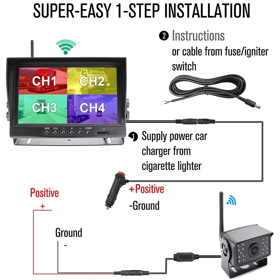 GreenYi 9 inches Digital Wireless Backup 4ch AHD Monitor Kit With DVR Recording Camera For Trucks/Trailers/Buses
