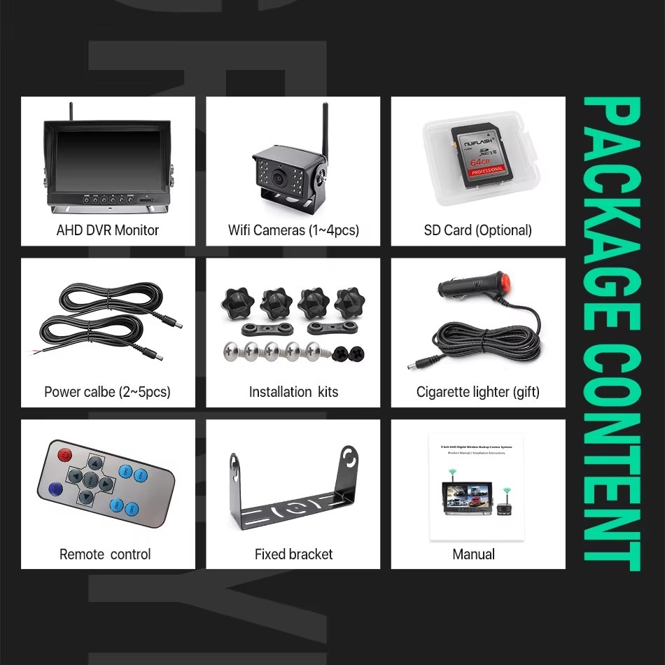 GreenYi 9 inches Digital Wireless Backup 4ch AHD Monitor Kit With DVR Recording Camera For Trucks/Trailers/Buses