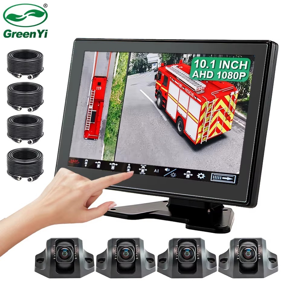 10.1 Inch AHD 1080P AI 360 Bird View Monitor with Camera For Truck Bus Van Sweeper Harvester Excavator DVR Panorama BSD System