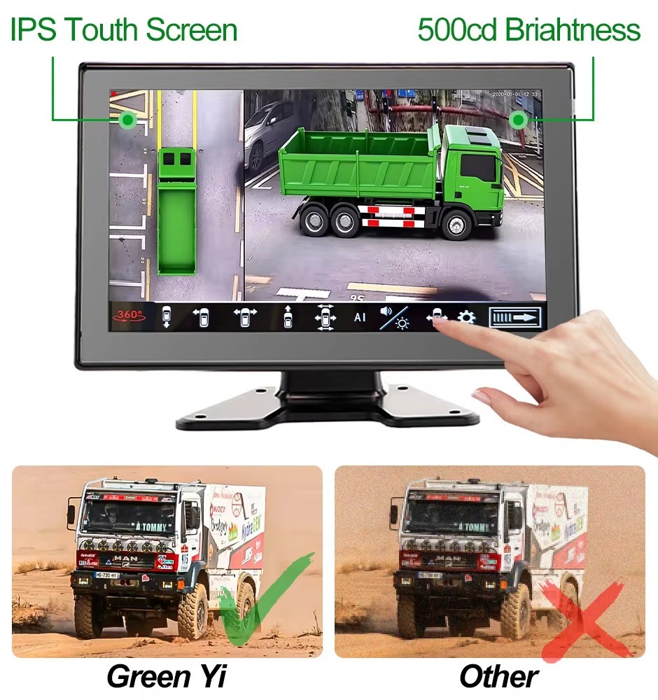 10.1 Inch AHD 1080P AI 360 Bird View Monitor with Camera For Truck Bus Van Sweeper Harvester Excavator DVR Panorama BSD System
