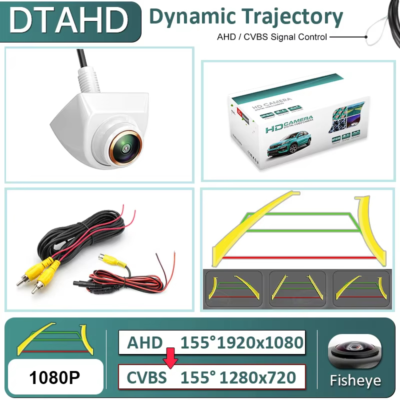 GreenYi Dynamic Trajectory AHD 1080P Adjust Angle White Car Reverse Backup Camera Waterproof for Android DVD Video Monitor