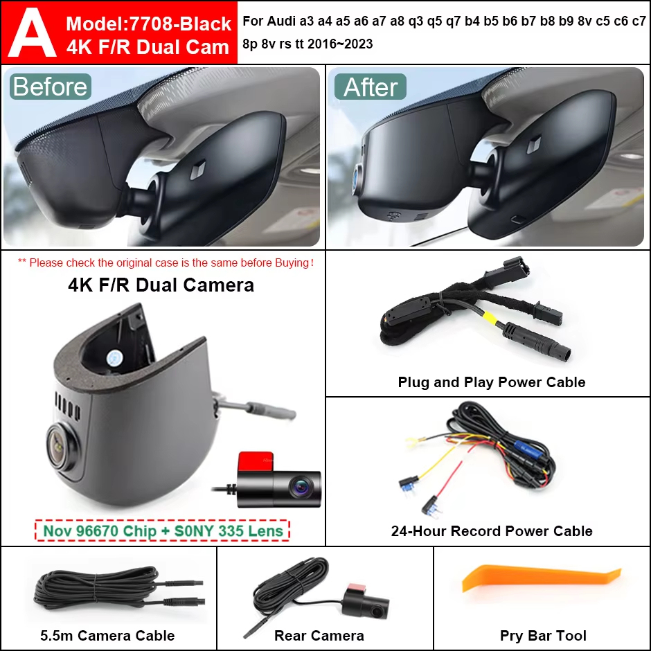 Plug and Play Hidden 4K Dash Cam Car DVR Front/Rear Camera For Audi A1 A3 S3 A4 A5 A6 A7 A8 Q2 Q3 Q4 Q5 Q6 Q7 Q8 2015-2025