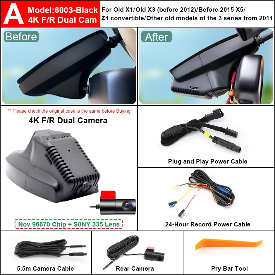 Plug and Play Hidden 4K Dash Cam Car DVR Front Rear Camera For BMW X1 X3 E81 E82 E87 E88 E90 E91 E92 E93 E60 E61 E65 E66 E84 E70