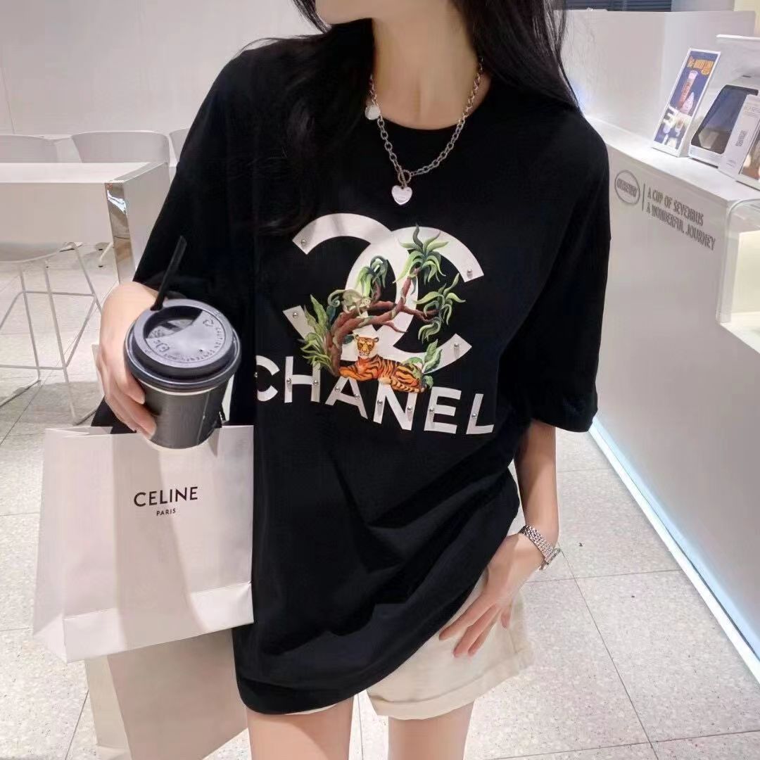 CHANEL シャネル 女性用 半袖 Tシャツ ブラック 花柄