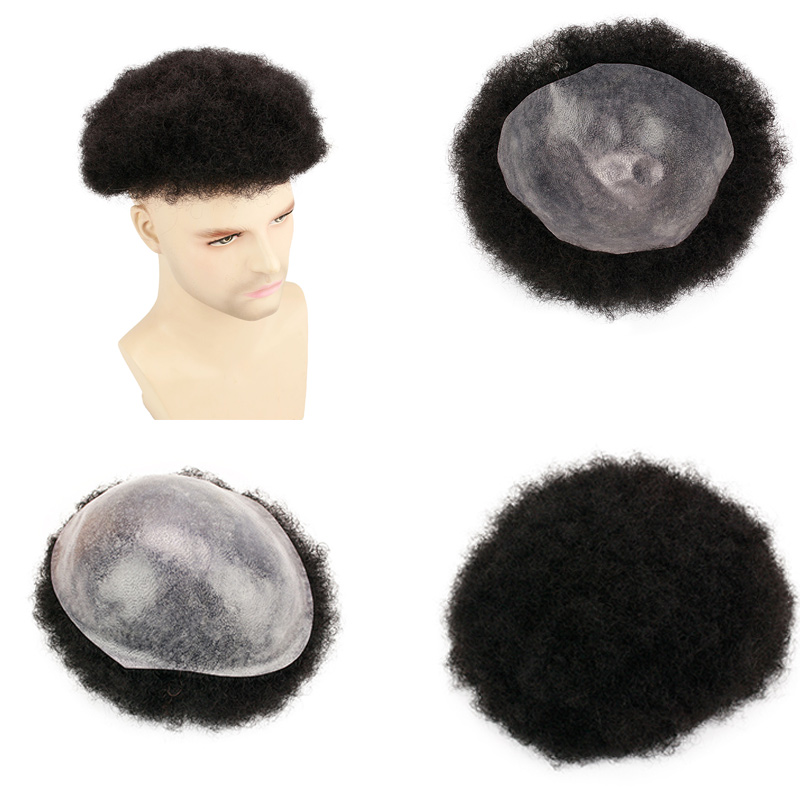 African American Wigs 8x10inch African Curly Afro Toupee for Mens Wigs Black Color System 130% Medium Density  Human Hair