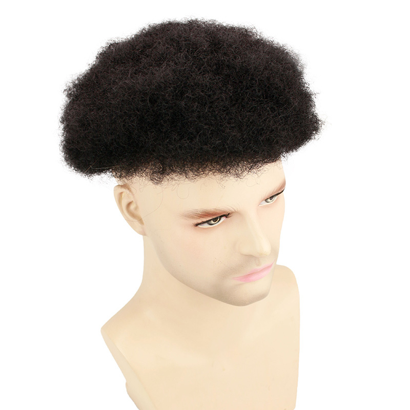 African American Wigs 8x10inch African Curly Afro Toupee for Mens Wigs Black Color System 130% Medium Density  Human Hair