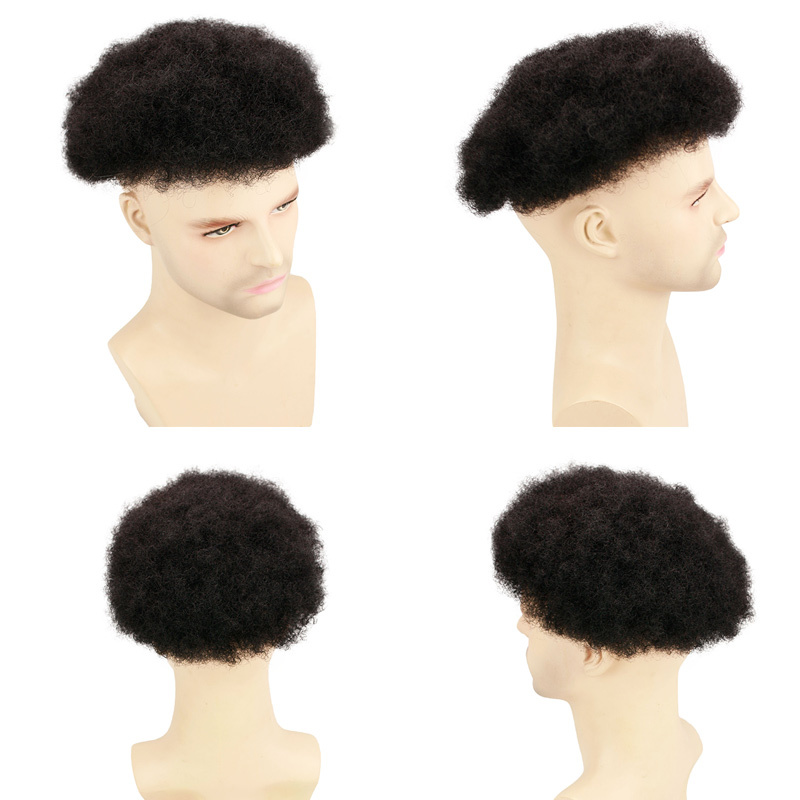 African American Wigs 8x10inch African Curly Afro Toupee for Mens Wigs Black Color System 130% Medium Density  Human Hair