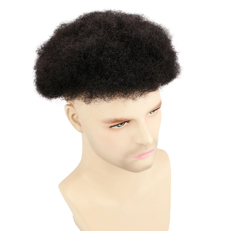 African American Wigs 8x10inch African Curly Afro Toupee for Mens Wigs Black Color System 130% Medium Density  Human Hair