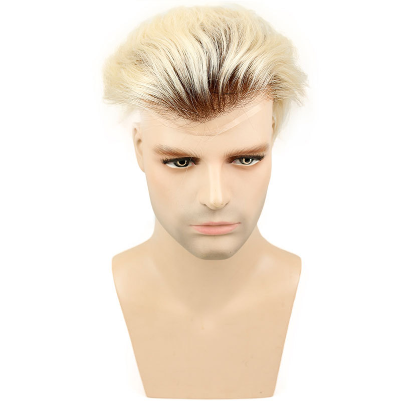 Toupee for Men with Transparent Swiss Lace with PU Around 10x8 Brazilian Human Hair Straight Hair Pieces for Men #60 Platinum Blonde