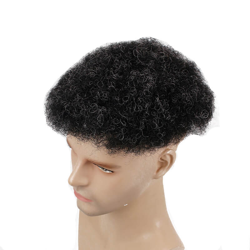 Afro Curly Human Hair Men's Toupee with 1B Mixed 10% Grey Hair Size 10x8 Thin Skin Hairpiece Hair Replacement System