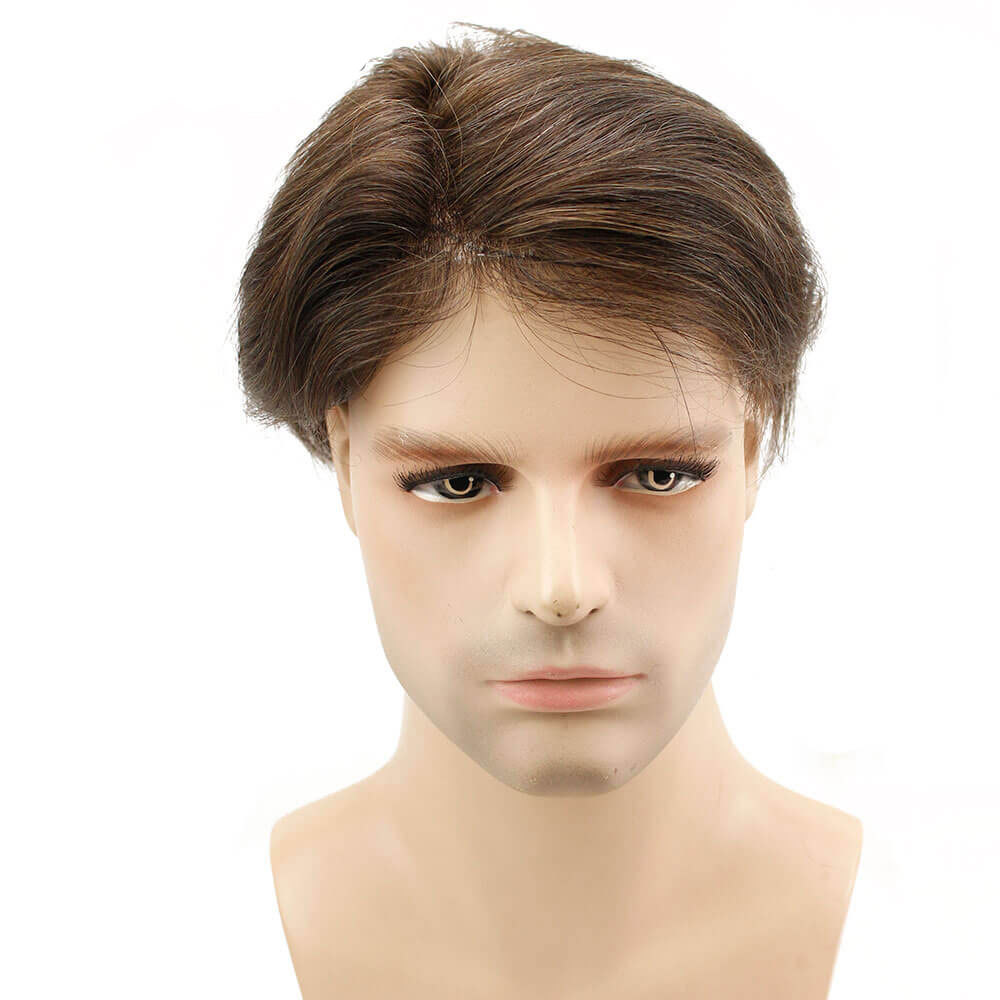 Human Hair Color 4 Men's Toupee 10x8 All PU Around Durable Thin Skin Hair Repacement Brazilian Remy Hair Wigs For Men