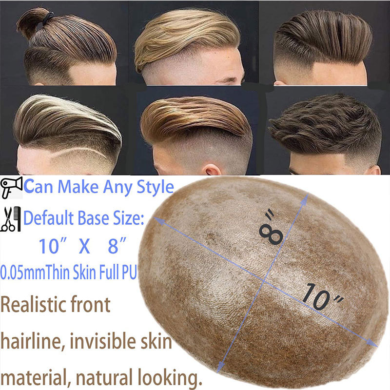 European Virgin human Hairpiece for Men’s Toupee Ultra Transparent Thin Skin PU Replacement Hair Pieces 10”x8” Base Size #4 Brown Color