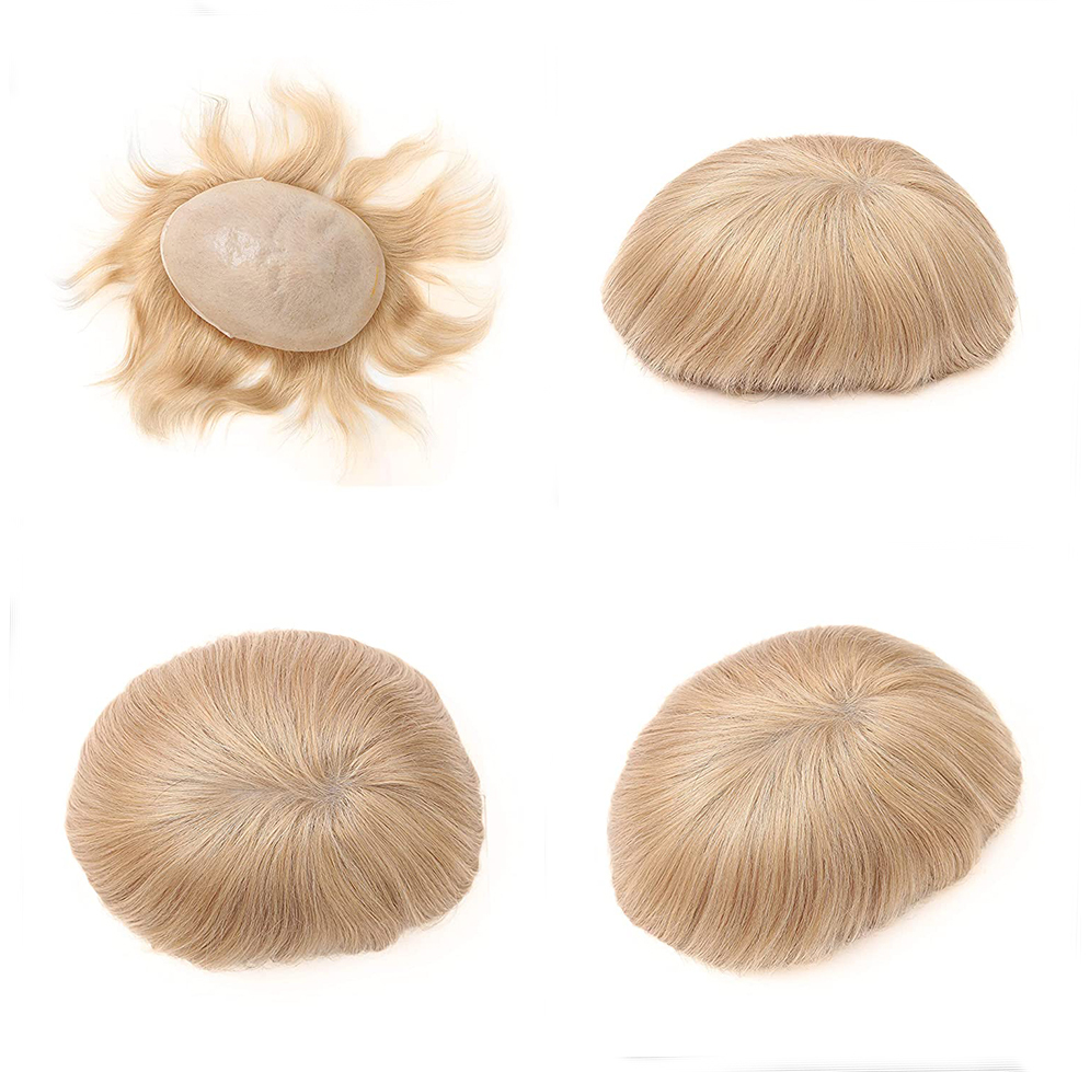 PU Skin Toupee for Men 100% European Human Hair Pieces for Men with 10" x 8" PU Toupee Men's Wigs 21# Blonde Color