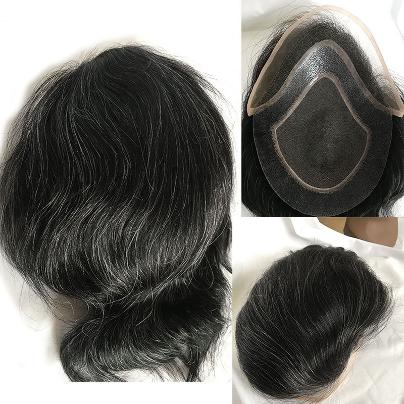 NLW Hair System Human hair Toupee for Men with 10x8" Soft French Lace Cap and clearly PU Around Slight Wave Men's Toupee 1B/20Grey Hair Color