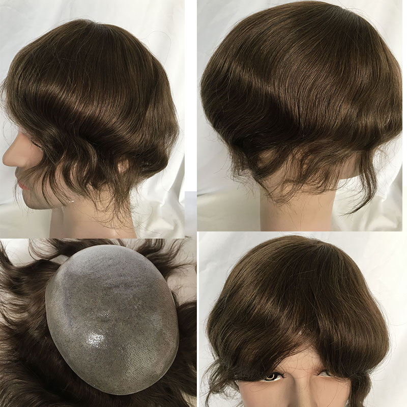 Human Hair Color 4 Men's Toupee 10x8 All PU Around Durable Thin Skin Hair Repacement Brazilian Remy Hair Wigs For Men