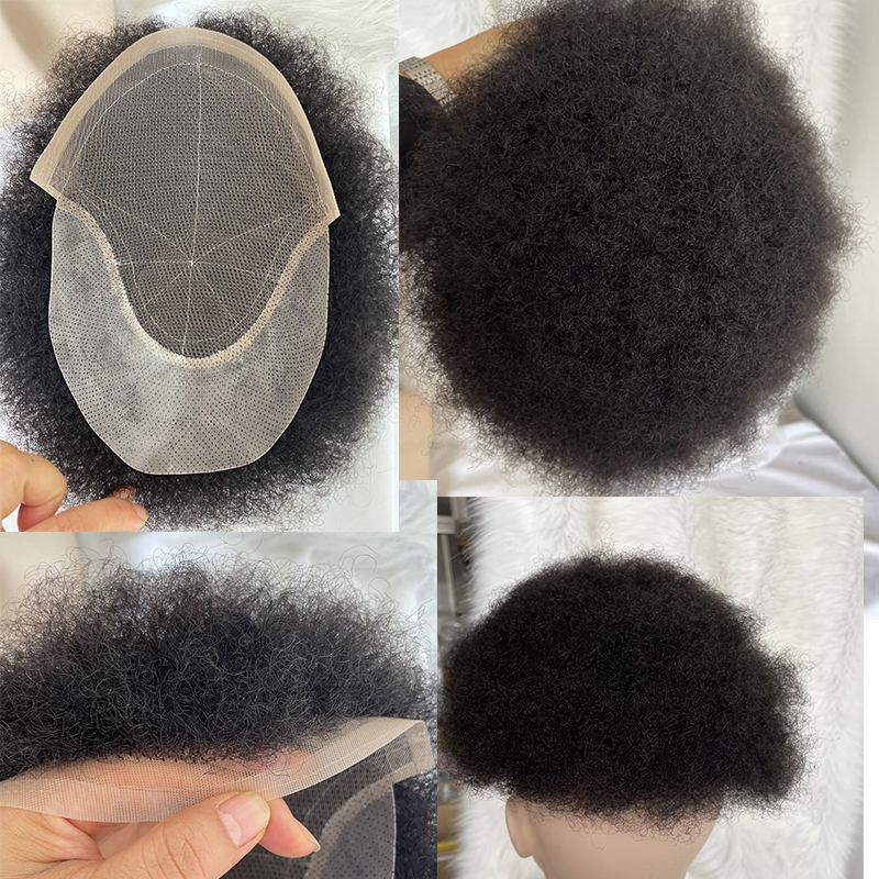 Afro Men Toupee for Black Man Curly African Toupee Human Hair Piece 10X8 Lace Front With PU back 1B Black Color