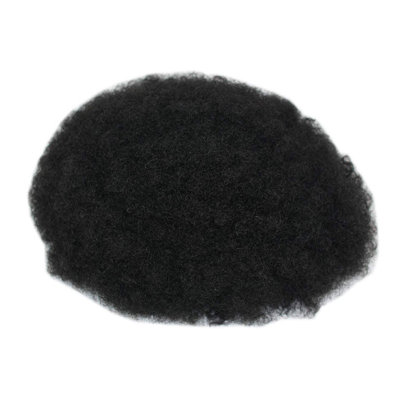 Afro Curly Human Hair Men's Toupee with 1B Mixed 10% Grey Hair Size 10x8 Thin Skin Hairpiece Hair Replacement System
