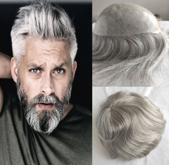 Men's Toupee Color 1B Human Hair with 80% Grey Synthetic Grey Hair Wig For Men Super Thin Skin Hair Replacement Whole PU Around