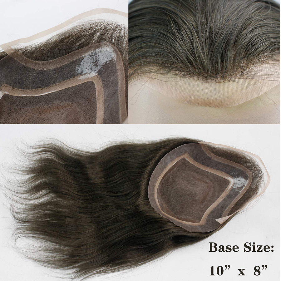 Men's Toupee 12''Long Toupee Hair 100% Virgin Human Hair Mono Lace with PU Replacement for Men wiga Straight 10"x8" Base Size 4# Color