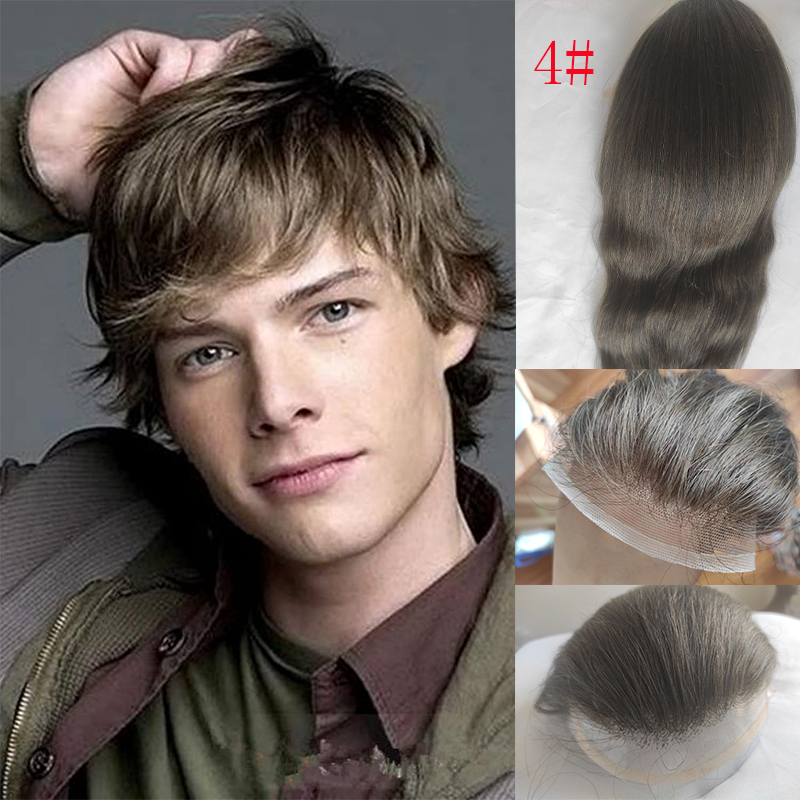 Men’s Toupee Soft Thin Skin PU whit Lace Frontal 10x8inch Hair Replacement for Men's Hairpiece 100% European Human Hair Pieces for Man #4 Color