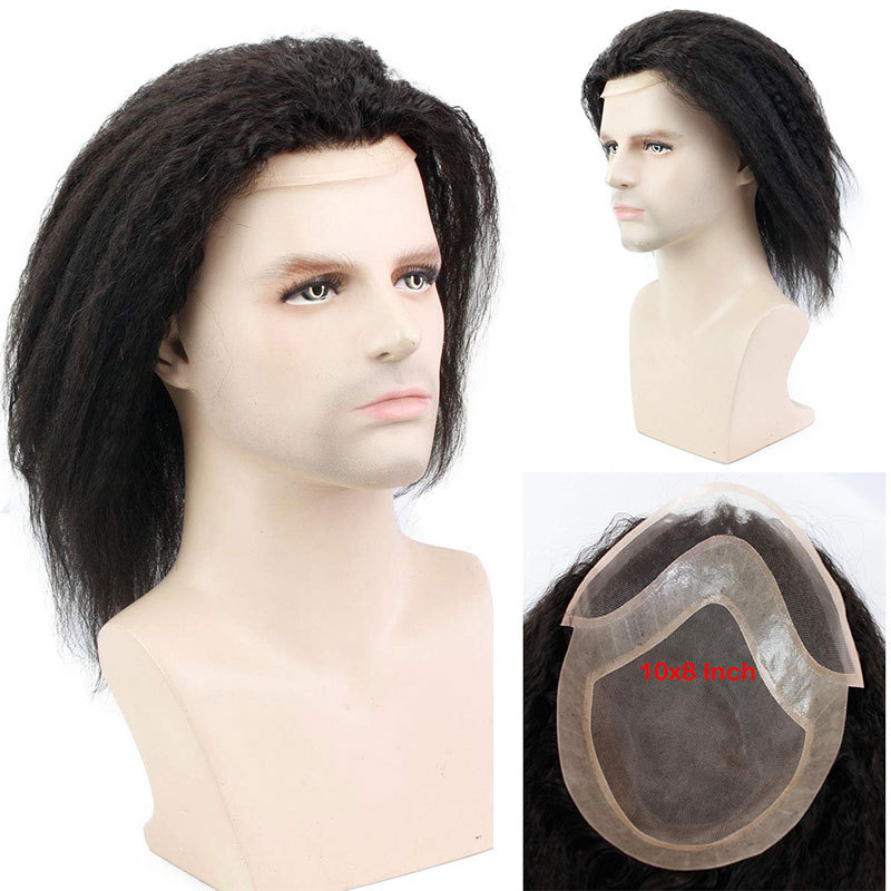 Kinky Straight 12 Inch Long Human Hair Toupee for Men 10”x8” Hairpieces 100% Human Hair Men’s Toupee Mono Net with PU around Natural Color