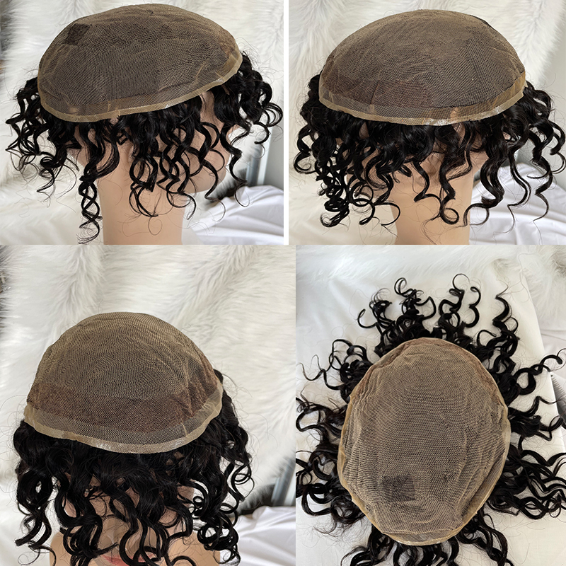 Full Swiss Lace Men's Toupee Human Hair Replacement for Men Hairpiece 1B Color 8X10 Loose Curly Hair Men Lace Wig Bleached Knot