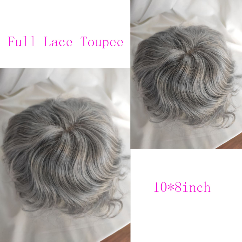 Swiss Full Lace Men’s Toupee 1B Black Color Real Human Hair Mixed 80% Grey Synthetic Hair Replacement for Men Hairpiece 10x8 Lace Toupee