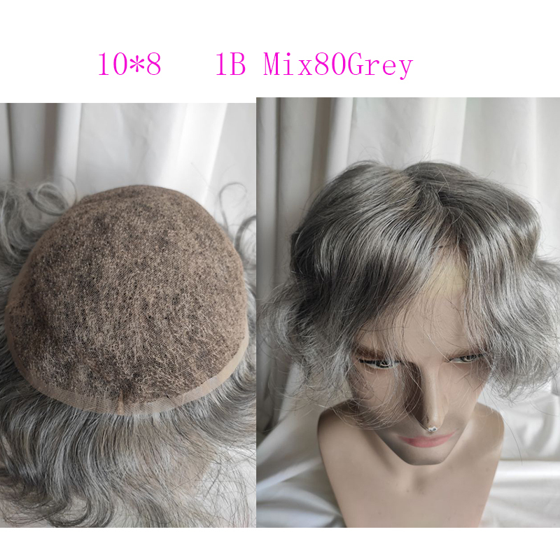 Swiss Full Lace Men’s Toupee 1B Black Color Real Human Hair Mixed 80% Grey Synthetic Hair Replacement for Men Hairpiece 10x8 Lace Toupee