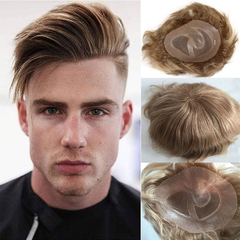 Men's Toupee Swiss Mono Lace Thin Skin Hairpiece wigs Replacement System for Men #18 Ash Brown Color European Human Hair 10x8"