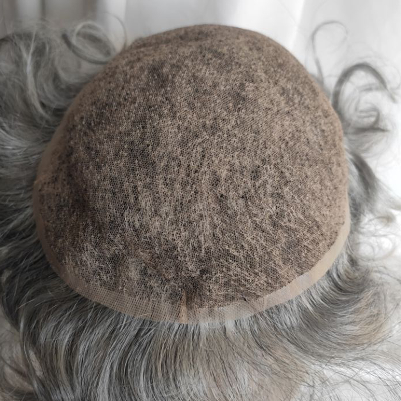 Swiss Full Lace Men’s Toupee 1B Black Color Real Human Hair Mixed 80% Grey Synthetic Hair Replacement for Men Hairpiece 10x8 Lace Toupee