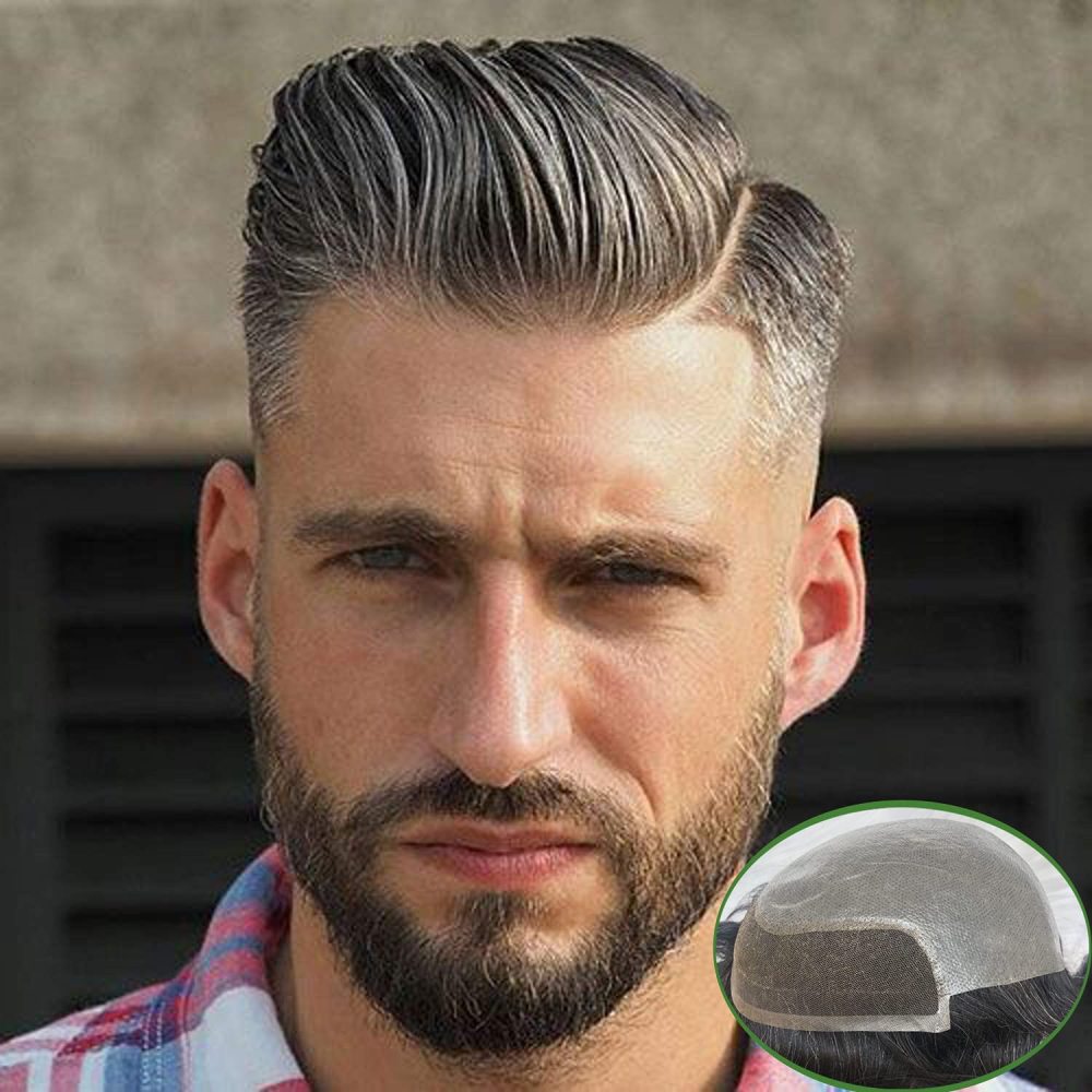 Toupee for Men 100% European Human Hair Swiss Lace Front Natural Hairline Hair Pieces 0.08mm Thin Skin PU V-looped Men's Hair Replacement System 8x10