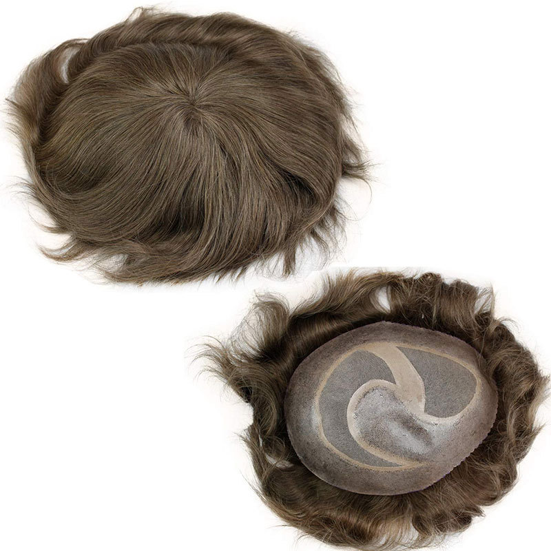 Human Hair Men's Toupee Hair pieces 100% European Virgin Human Hair MONO With PU Replacement System For Men 10"x8" Human Hair Toupee Men 21# Color
