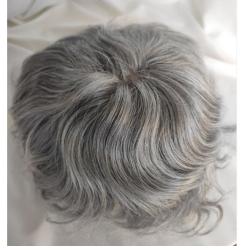 Swiss Full Lace Men’s Toupee 1B Black Color Real Human Hair Mixed 80% Grey Synthetic Hair Replacement for Men Hairpiece 10x8 Lace Toupee