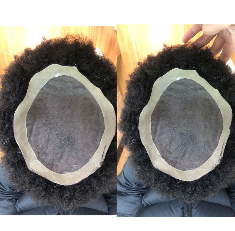 African American Wigs Mono Lace with PU Base Mens Hairpiece 150% Medium Density Afro Tight Curly Human Hair Toupee 1B
