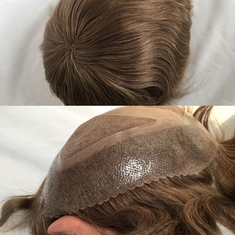 Men's Toupee Swiss Mono Lace Thin Skin Hairpiece wigs Replacement System for Men #18 Ash Brown Color European Human Hair 10x8"