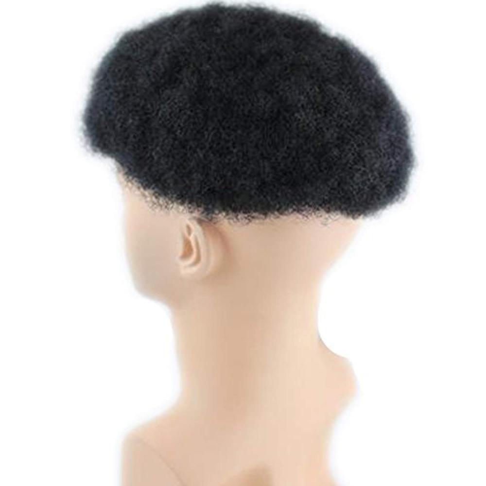 African American Wigs Mono Lace with PU Base Mens Hairpiece 150% Medium Density Afro Tight Curly Human Hair Toupee 1B