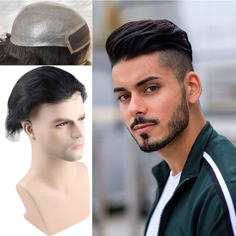Toupee for Men 100% European Human Hair Swiss Lace Front Natural Hairline Hair Pieces 0.08mm Thin Skin PU V-looped Men's Hair Replacement System 8x10