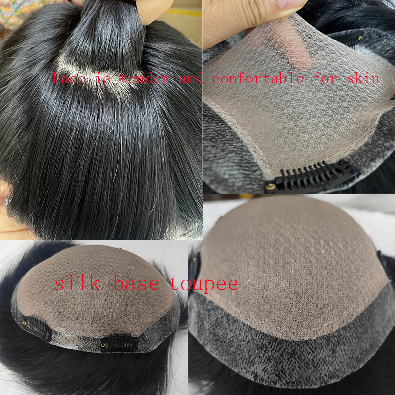 Wig Hair Replacement Silk Base Closure Men's Toupee Human Hair 130%Density Men Wigs Clip in Crown Toupee  For Men 1B Color Natural Hairline