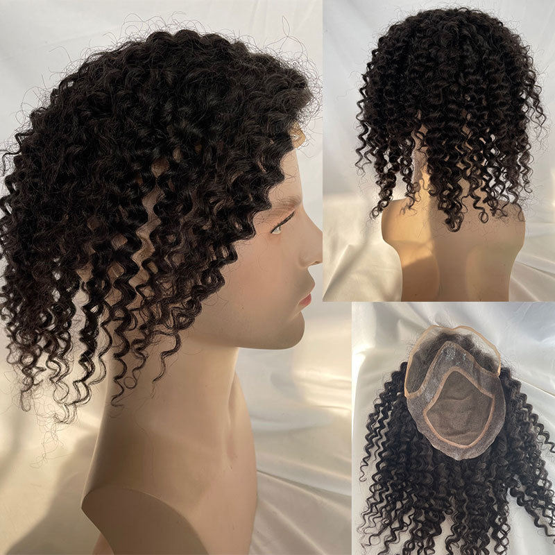 12inch Mens Toupee Human Hair Topper Hairpiece for Men Curly Hair Mono Lace Replacement Wig for Men 10X8inch Kinky Curly Toupee  Natural Color