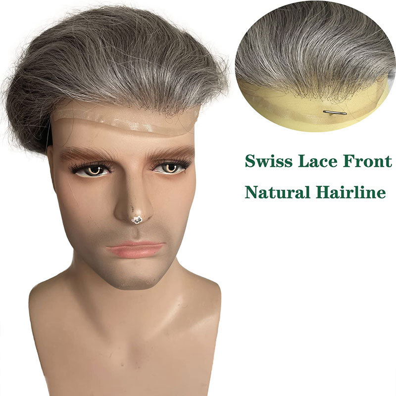 PU Skin Toupee for Men With Franch Lace Frontal 10x8inch Hair Replacement for Men's Hairpiece White Color Human Hair Men Toupee